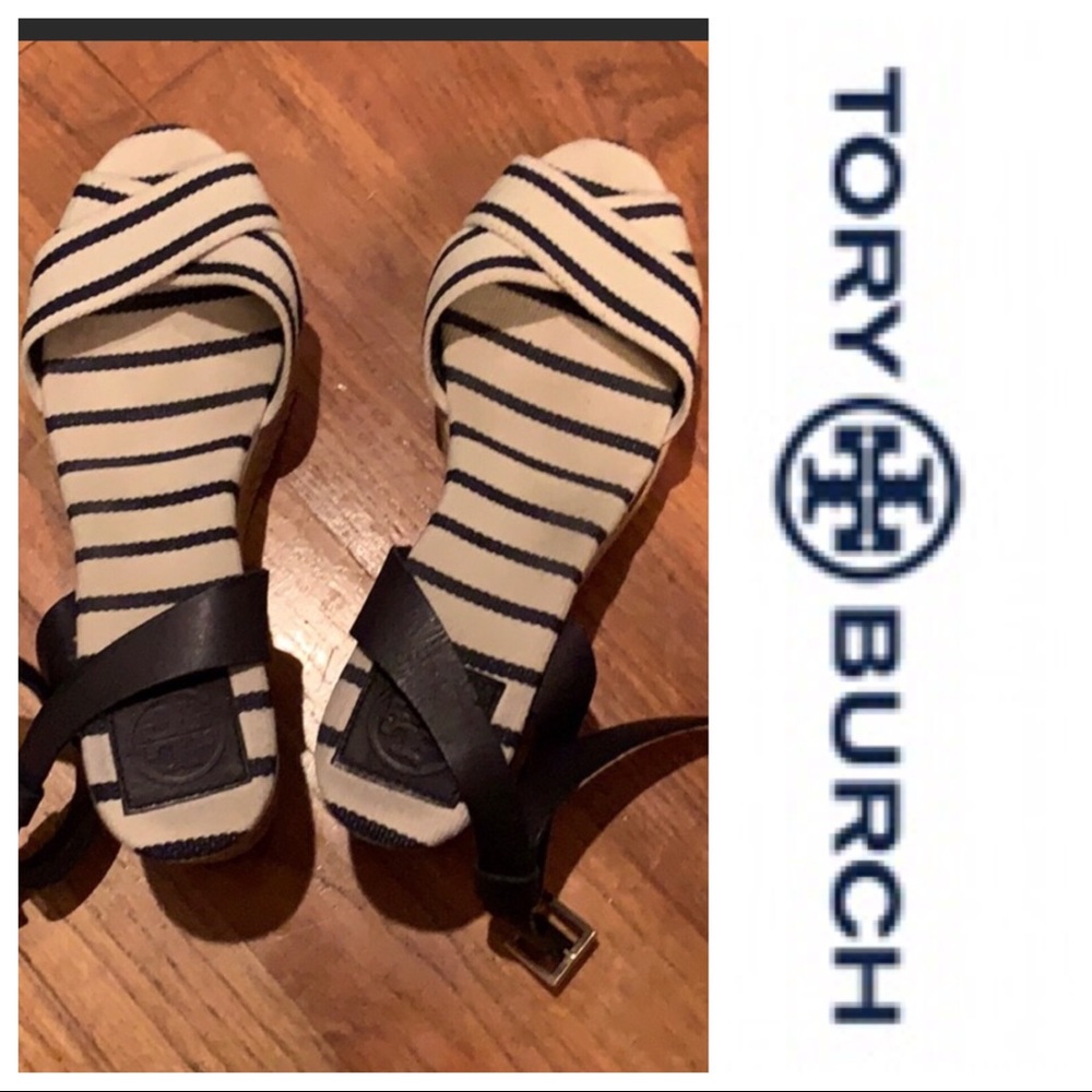 Tory Burch ankle strap wedges in navy and cream